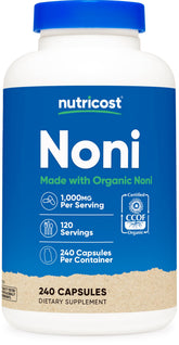 Nutricost Noni Gélules: bouteille montrant les gélules et l'emballage pratique pour le quotidien