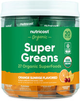 Nutricost Super Greens saveur orange aube avec emballage visible, préparation rapide