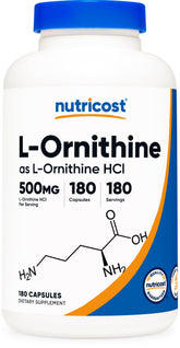 Nutricost L-Ornithine 500 mg – bouteille de capsules pratique pour une routine quotidienne.