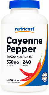 Nutricost Cayenne Pepper 530 mg – bouteille visible, épice prête à être intégrée à vos repas.