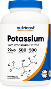Nutricost Citrate de potassium 99 mg, bouteille de 500 gelules, pratique au quotidien.