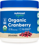 Nutricost poudre de canneberge biologique dans un bocal, prête à l'emploi et sans gluten.