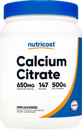 Nutricost citrate de calcium en poudre, bouteille 500 g, sans gluten et neutre.