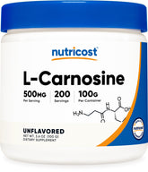 Poudre L-Carnosine Nutricost en boîte de 100 g prête à mesurer pour vos portions quotidiennes.