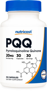 Nutricost PQQ 20 mg – capsules végétariennes visibles, usage quotidien potentiel.