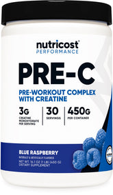 Nutricost Pre-C avec créatine, poudre bleu-framboise, énergie pendant l'entraînement.