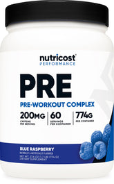 Pot Nutricost Pré-Entraînement avec poudre framboise bleue prêt pour l’entraînement et énergie.