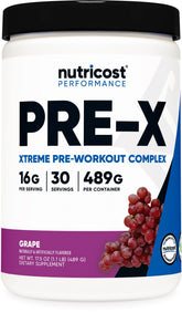 Nutricost Pre-X flacon avec dose de 15 g promettant énergie pré-entraînement potentielle.