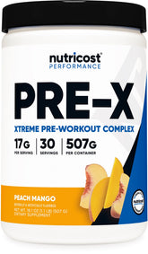 Nutricost Pre-X Xtreme emballage Peach Mango prêt pour la séance d’entraînement.