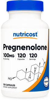 Nutricost Pregnenolone 100mg — bouteille de capsules, intégration facile à la routine quotidienne.
