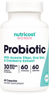 Nutricost Probiotique Femmes: bouteille de capsules pour soutien digestif.