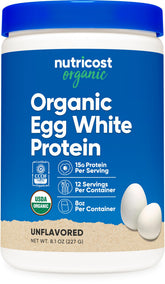 Nutricost protéine blanc d'œuf bio naturel en bouteille, facile à doser pour shakes quotidiens.