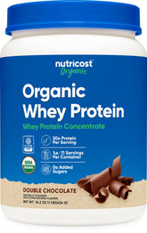 Nutricost protéine whey biologique double chocolat, emballage 1lb pour shake rapide.