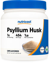 Nutricost poudre psyllium moulue en bouteille, fibre pratique pour l'alimentation quotidienne.