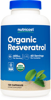 Nutricost résveratrol biologique, bouteille et capsules, soutien potentiel au bien-être quotidien