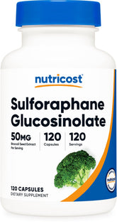 Nutricost SGS bouteille 50 mg d'extrait de brocoli, pratique pour l’usage quotidien.