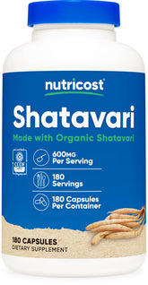 Nutricost Shatavari, bouteille 600 mg, pratique pour une supplémentation quotidienne.