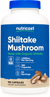 Nutricost Shiitake en capsules, bouteille visible, pratique pour une routine végétarienne.