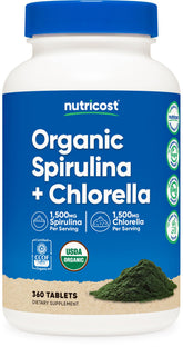 Nutricost Spiruline et Chlorelle — bouteille de 360 comprimés pour deux mois.