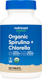 Nutricost Spiruline Chlorelle – bouteille avec étiquette, pratique pour une prise quotidienne.
