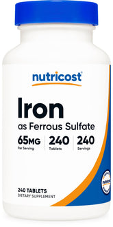 Nutricost sulfate ferreux 65 mg – bouteille avec comprimés faciles à avaler.