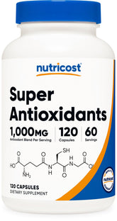 Nutricost Super Antioxydants, bouteille principale, soutien antioxydant quotidien pour hommes et femmes.