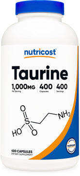 Nutricost Taurine 1000mg – Bouteille: gélules faciles à prendre pour soutenir un mode de vie actif.