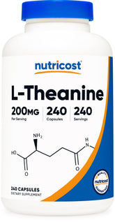 Nutricost L-Theanine 200 mg, bouteille visible, peut favoriser une détente naturelle.