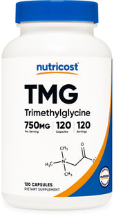 Nutricost TMG, bouteille 120 gélules, pratique pour l'usage quotidien.