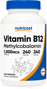 Nutricost B12 méthylcobalamine, flacon capsules, soutien énergie naturelle au quotidien.