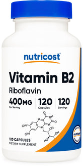 Nutricost Vitamine B2 400 mg — bouteille élégante, dosage pratique pour un usage quotidien.