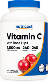 Nutricost Vitamine C avec baies d'églantier — bouteille de gélules à prendre quotidiennement