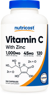 Nutricost Vitamine C avec Zinc – bouteille visible, dose pratique pour le quotidien.