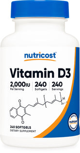 Nutricost Vitamine D3 2000 UI softgels dans la bouteille, apport quotidien pratique.