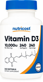 Nutricost Vitamine D3 10000 UI : bouteille facile à manipuler pour une supplémentation quotidienne.