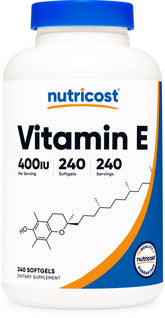Nutricost Vitamine E 400 UI, bouteille visible, pratique pour un usage quotidien.