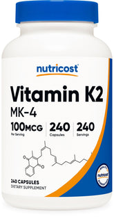 Flacon Nutricost Vitamine K2 MK-4, 240 gélules, dosage pratique pour le quotidien.