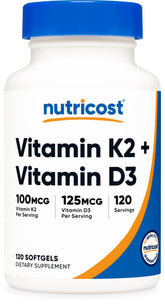 Nutricost Vitamine K2 MK7 et D3 en bouteille, complément quotidien pratique.