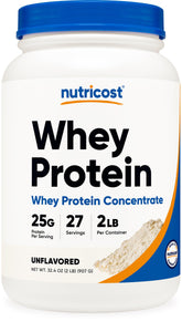 Nutricost Whey Protein Concentrate non aromatisée avec emballage clair et pratique.