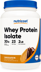 Nutricost Whey Protein Isolate chocolat beurre de cacahuète, emballage élégant et pratique.