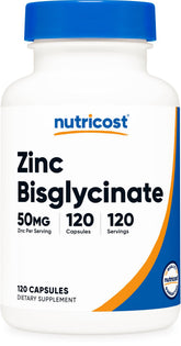 Nutricost Zinc Bisglycinate 50 mg pack-shot montrant l'emballage et sa promesse vegan.