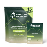 Nutrition On The Go – sachet protéine végétale vanille, format pratique prêt à consommer.