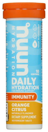 Nuun immunite orange-citron bouteille montrant le tube, hydratation pratique et rafraîchissante en déplacement.