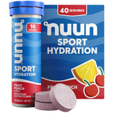 Nuun Sport arôme fruits mélangés dans une boîte, hydratation pratique en déplacement.