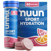 Nuun tablettes électrolyte citron-fruit se dissolvant rapidement dans l’eau pour une hydratation rafraîchissante.