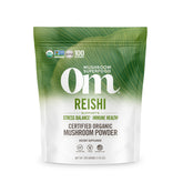 OM MUSHROOM REISHI poudre organique dans emballage, pratique pour routine bien-être.