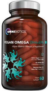 OmniBiotics Oméga-3 véganes en bouteille, gélules pratiques pour routine quotidienne
