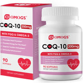 OMOGS CoQ10, bouteille de gélules, soutien cardiovasculaire et énergie quotidienne.