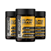 Boîte ONNIT Alpha Brain en présentation, soutien potentiel à la concentration.