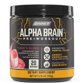 ONNIT Alpha Brain Pré-Entraînement en emballage, énergie et concentration.